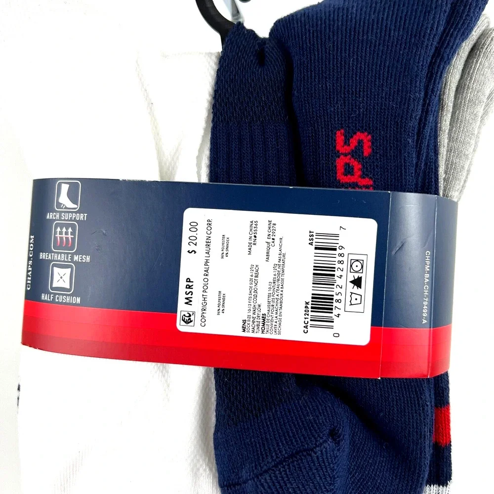 NEW Chaps Men’s Racer Stripe Athletic Crew Socks 6 Pairs Shoe Size 6-12.5 W/Tags